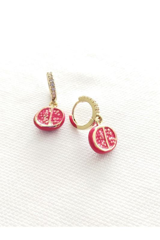 Ruby Pomegranate Nar Figürlü Halka Küpe | Kırmızı Mine Detaylı Kadın Küpe