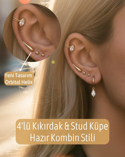4 Parça Stud Küpe Seti - Kıkırdak Küpe - Gold Minimal Küpe - Bronzzara