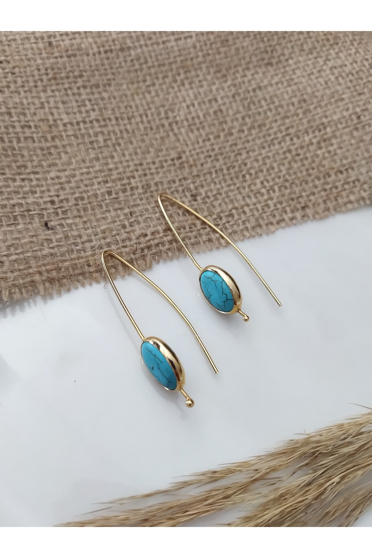 Turkuaz Taşlı Vintage Kadın Küpe Oval