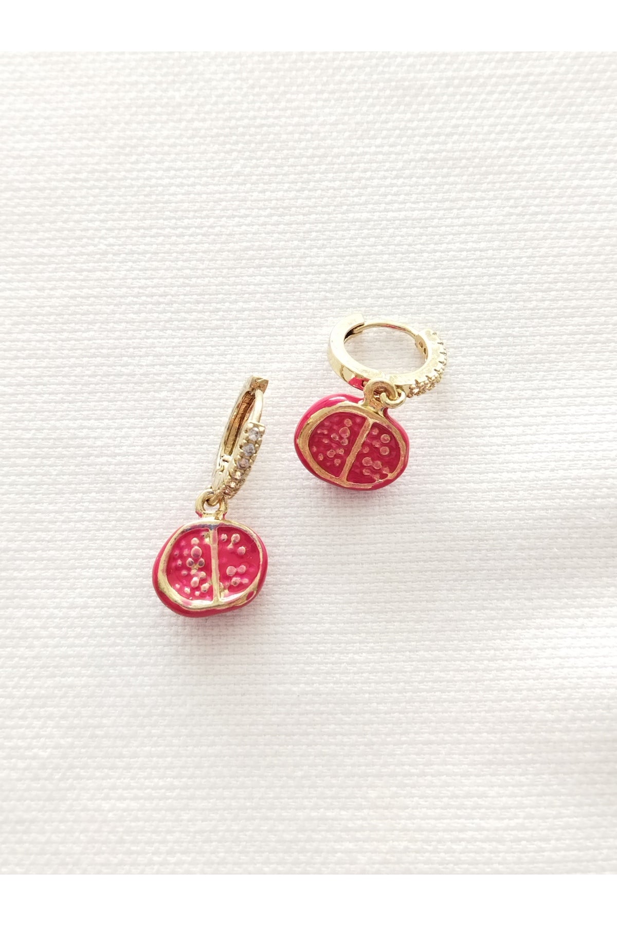 Ruby Pomegranate Nar Figürlü Halka Küpe | Kırmızı Mine Detaylı Kadın Küpe