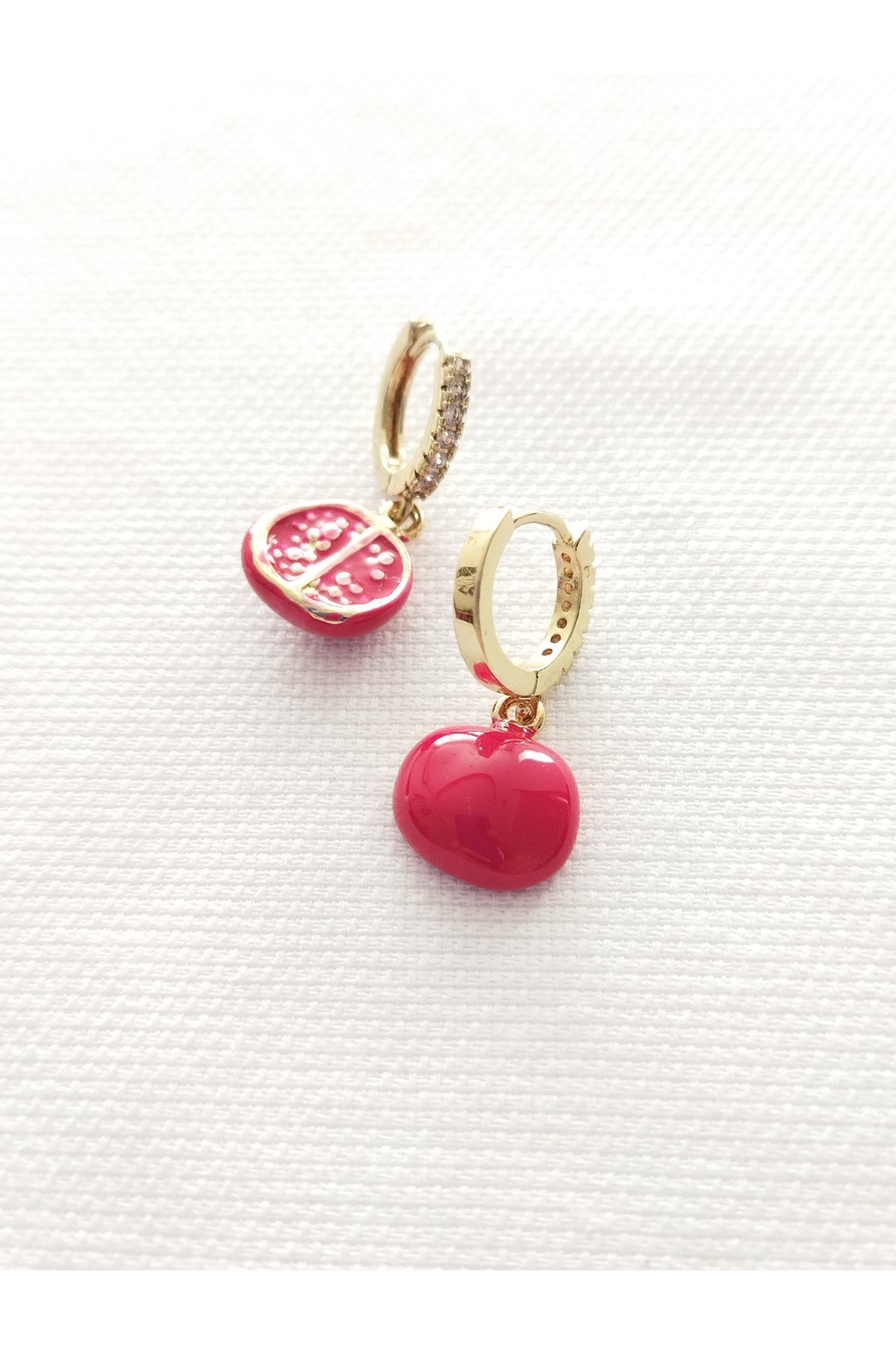 Ruby Pomegranate Nar Figürlü Halka Küpe | Kırmızı Mine Detaylı Kadın Küpe