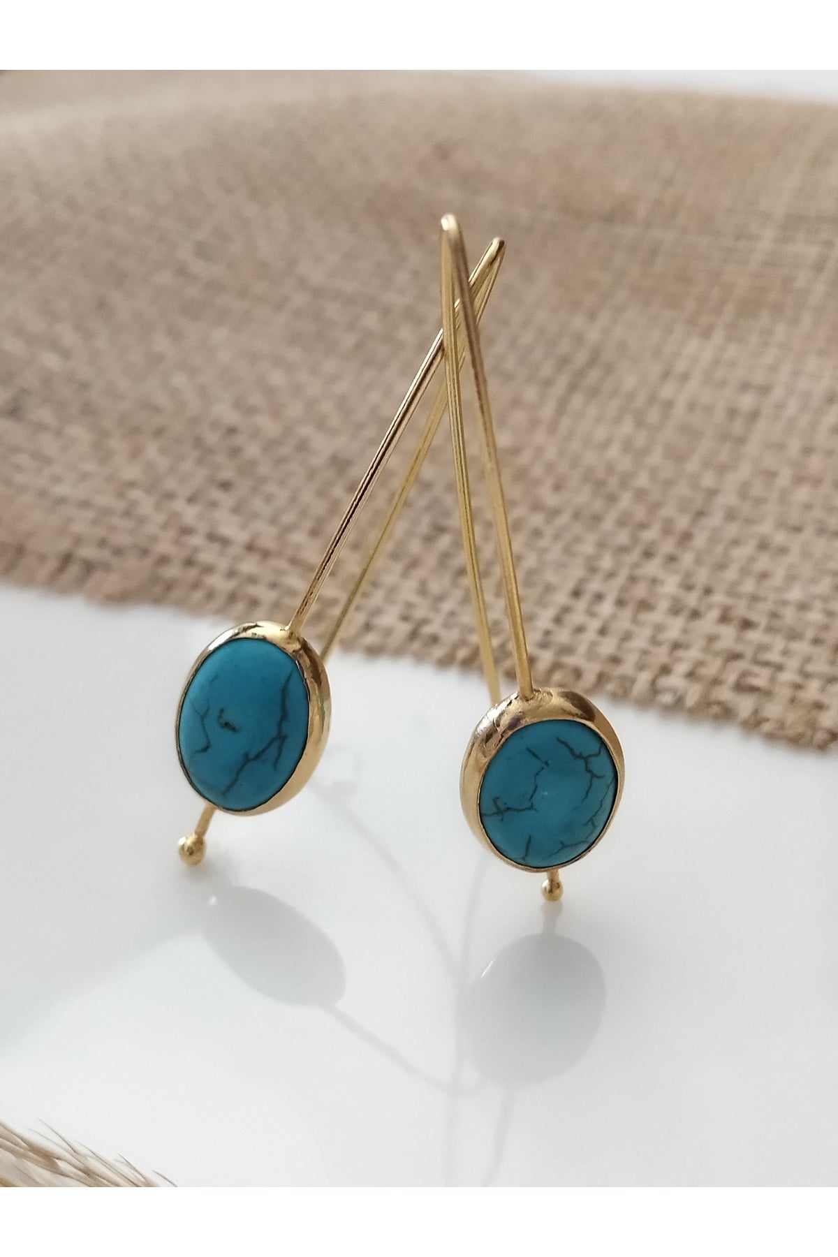 Turkuaz Taşlı Vintage Kadın Küpe Oval