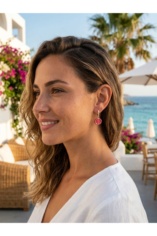 Ruby Pomegranate Nar Figürlü Halka Küpe | Kırmızı Mine Detaylı Kadın Küpe