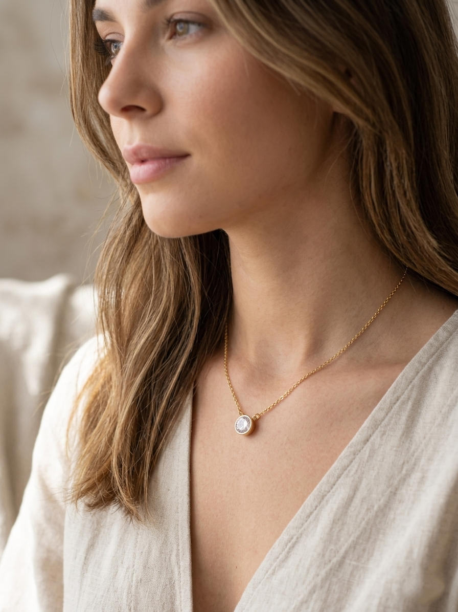 Tek Taş Choker Kolye -Diamond - Gold Renk Kadın Kolyesi - Bronzzara